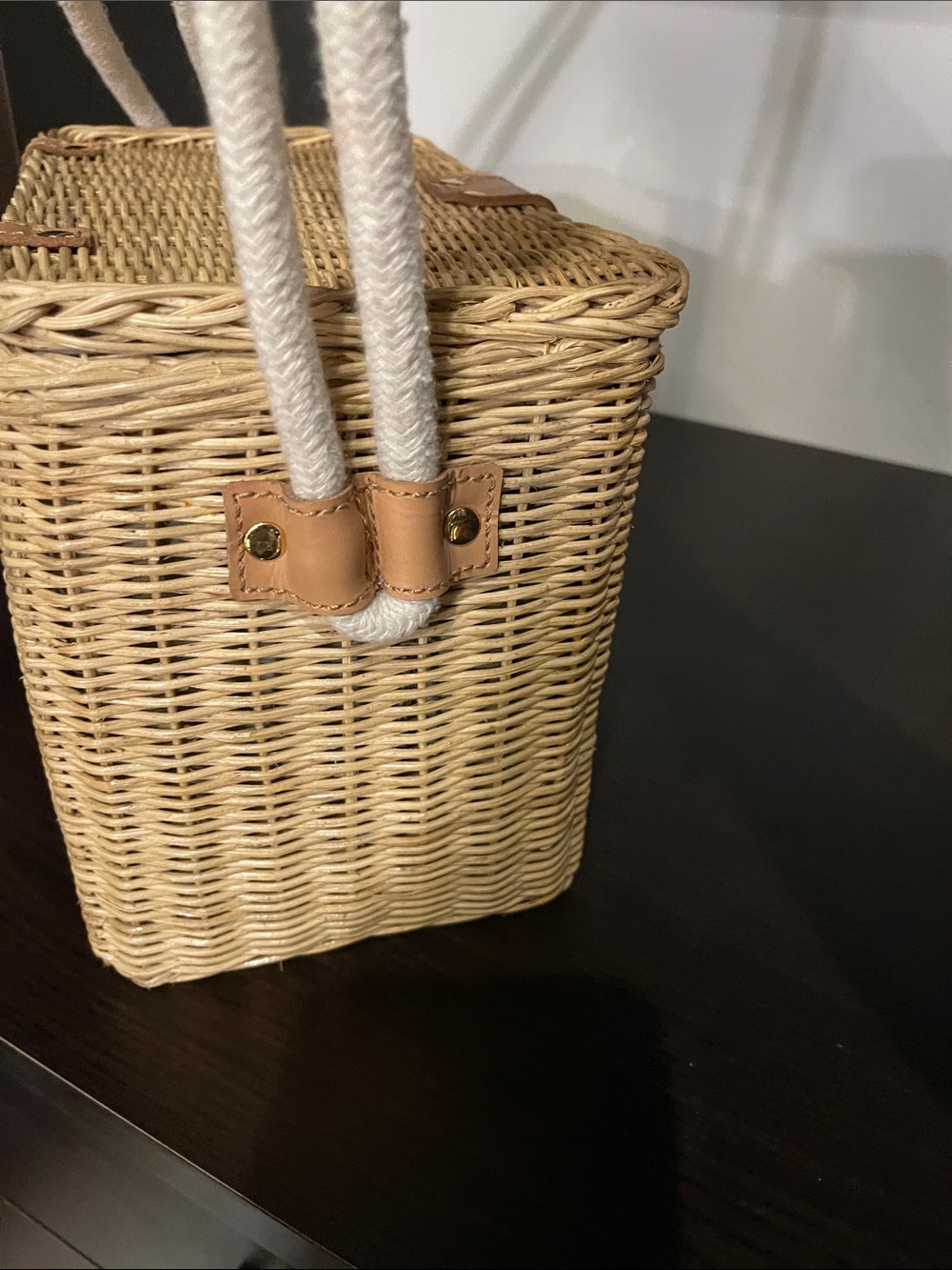 Woven Straw Tote Box Bag with Tan Leather Accent - Picture 4 of 11
